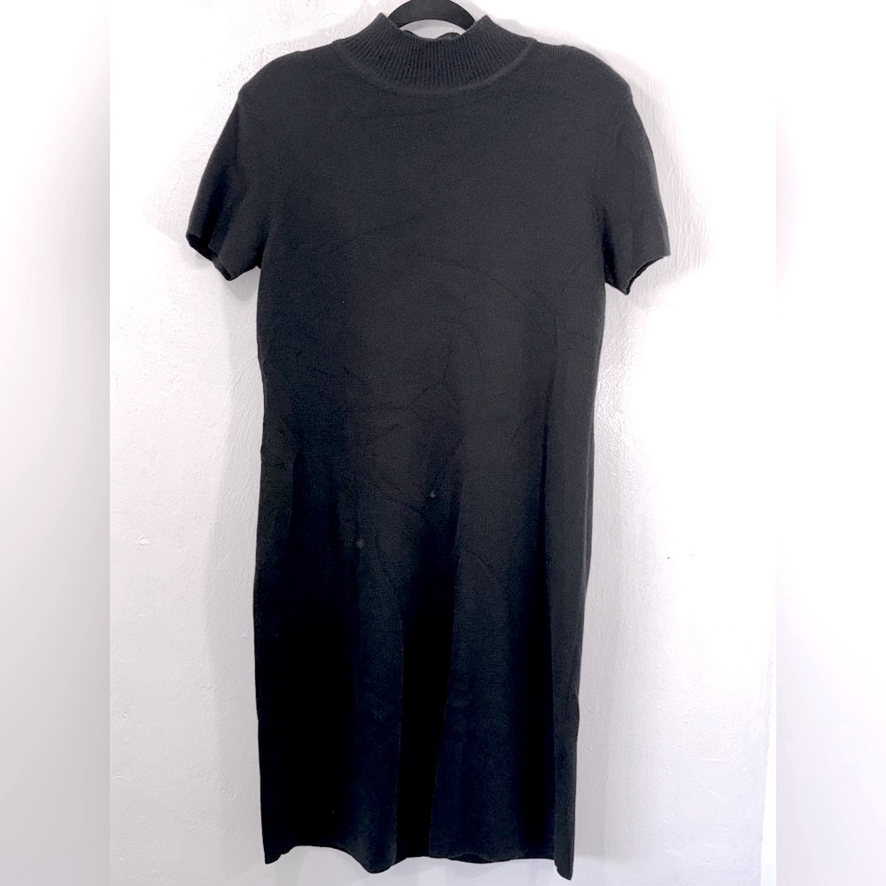Vtg 100% Merino Wool Black Talbots Petites mock neck midi sweater dress.Size MP
